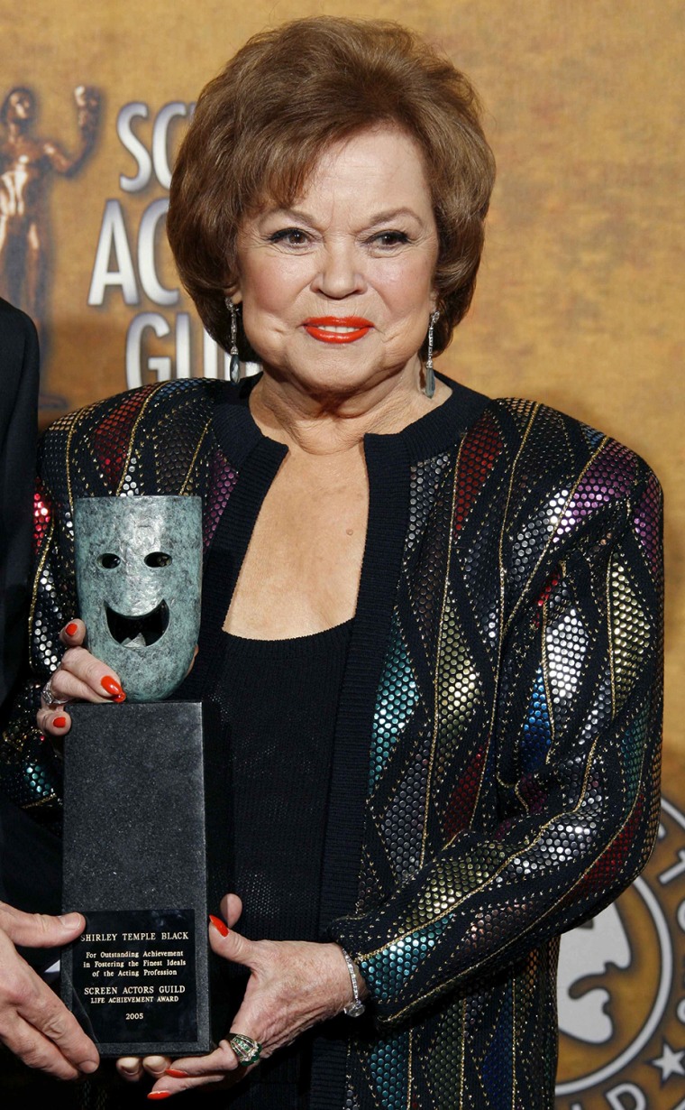 Image: File photo of Shirley Temple Black celebrating backstage the honor of receiving the Screen Actors Guild's Life Achievement Award at the 12th annual Screen Actors Guild Awards in Los Angeles
