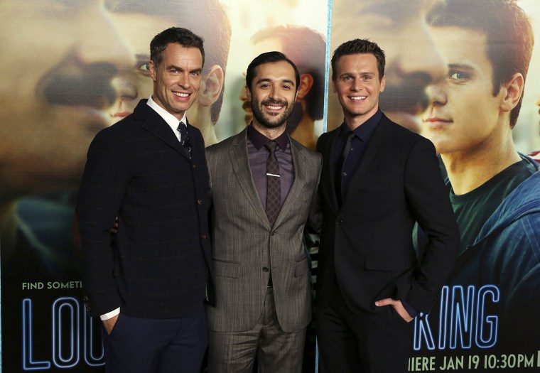 Image: Cast members Bartlett, Alvarez and Groff pose at the premiere of the new HBO comedy series \"Looking\" at Paramount Studios in Hollywood