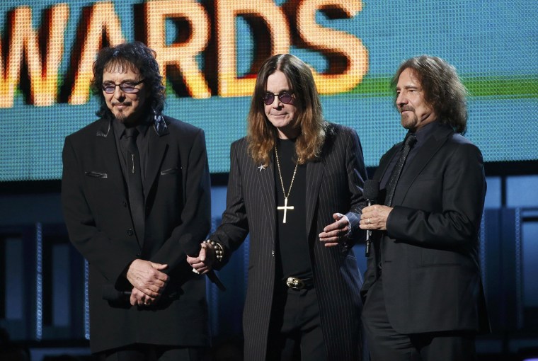 Image: Tommy Iommi, Ozzy Osbourne and Geezer Butler of Black Sabbath introduce a performance by Ringo Star