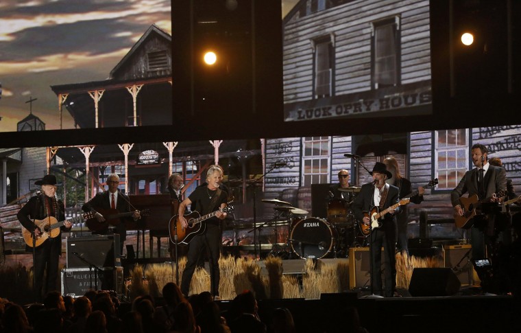 Image: Nelson, Kristofferson, Haggard and Shelton perform \"Mamas Don't Let Your Babies Grow Up To Be Cowboys\" at the 56th annual Grammy Awards in Los Angeles