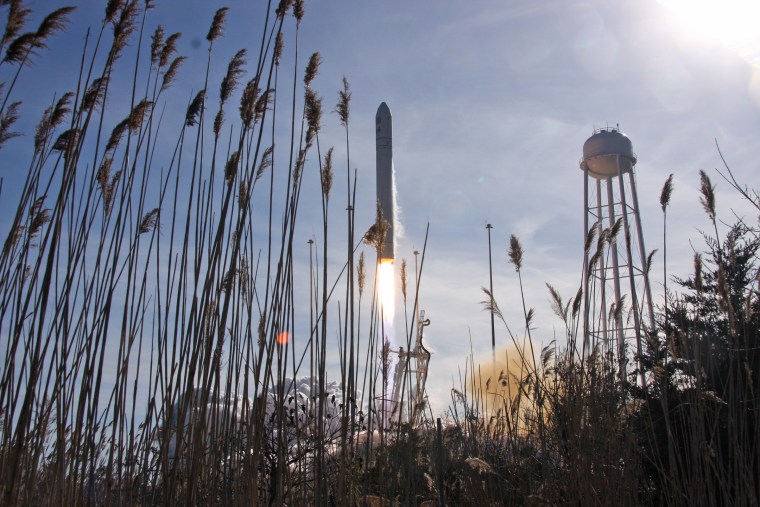 AP10ThingsToSee - An Orbital Sciences Corp. Antares rocket launches from NASA's Wallops Flight Facility in Wallops Island, Va. on Thursday, Jan. 9, 2014. The spacecraft is carrying the company's first official re-supply mission to the International Space Station. NASA, Chris Perry