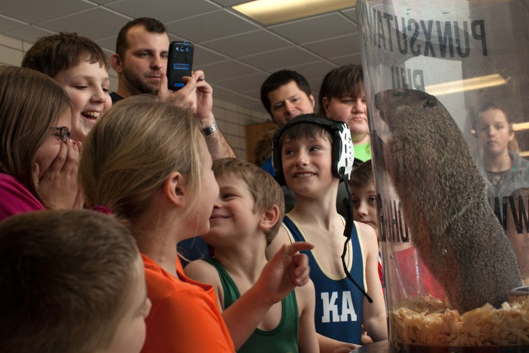 Kids visit with Punxsutawney Phil in the halls of Punxsutawney High School during a youth wrestling match on Saturday, January 26,  in Punxsutawney, PA.\"They really see that Phil's not actually a puppet, or just something they saw on television,\" says Inner Circle member Ron Ploucha. \" I get to see the looks on their faces with eyes as big as fifty cent pieces, it's my favorite part about being Phil's handler.\"

Ploucha also explains that he sometimes gets a little apprehensive when Phil is around large groups of people. \"I'm worried that somebody--even though I tell them not to--will come up and put their hands near Phil's face. Sometimes those fingers of theirs looks like carrots to him. It's never happened fortunately, but there can always be a first time, so I am very careful with having him out in the open around people.\"