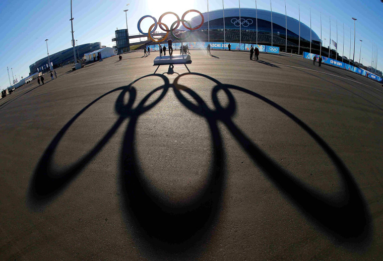 Image: The Olympic rings are cast in shadow as the sun sets behind the Bolshoy Ice Palace as preparations continue at the Olympic Park for the Sochi 2014 Winter Olympics