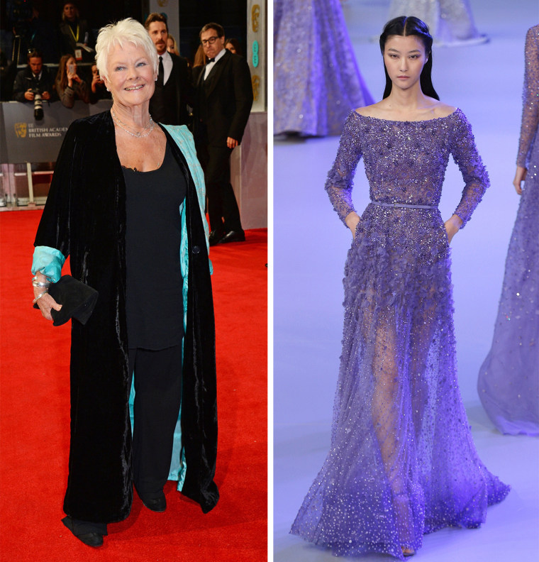 LONDON, ENGLAND - FEBRUARY 16:  Dame Judi Dench attends the EE British Academy Film Awards 2014 at The Royal Opera House on February 16, 2014 in London, England.  (Photo by David M. Benett/Getty Images)  A model presents a creation by Elie Saab during the Haute Couture Spring-Summer 2014 collection show, on January 22, 2014 in Paris.            AFP PHOTO / FRANCOIS GUILLOT        (Photo credit should read FRANCOIS GUILLOT/AFP/Getty Images)
