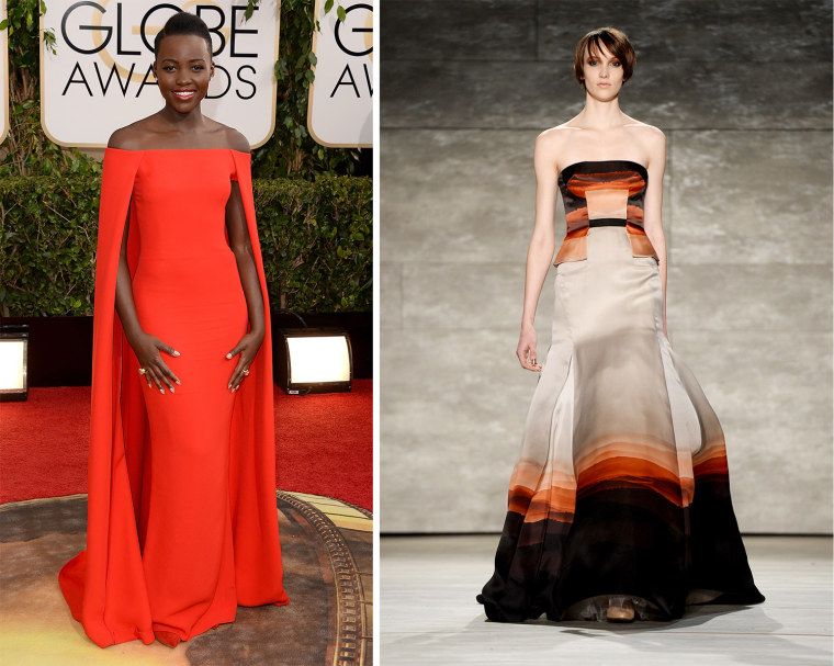 BEVERLY HILLS, CA - JANUARY 12:  Actress Lupita Nyong'o attends the 71st Annual Golden Globe Awards held at The Beverly Hilton Hotel on January 12, 2014 in Beverly Hills, California.  (Photo by Jason Merritt/Getty Images) A model presents an outfit by Bibhu Mohapatra during the Mercedes-Benz Fashion Week Fall/Winter 2014 shows February 12, 2014 in New York. AFP PHOTO/Don EMMERT        (Photo credit should read DON EMMERT/AFP/Getty Images)