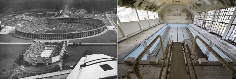 Aerial view taken 08 August 1936 in Berlin of the Olympic stadium (background) and the Olympic swimming pool (front) . (Photo credit should read CORR/AFP/Getty Images)

TO GO WITH AFP STORY BY JEROME RASETTI  View of the swimming pool in the 1936 Olympic village in Elstal, west of Berlin on May 5, 2008. The village, which housed over 4.000 athletes for the notorious 1936 Olympic Games in Berlin, then under Nazi rule, was used as barracks for the German army shortly afterwards, and from 1945 as barracks for Russian officers, until the Russian army's final withdrawal in 1992. AFP PHOTO JOHN MACDOUGALL (Photo credit should read JOHN MACDOUGALL/AFP/Getty Images)