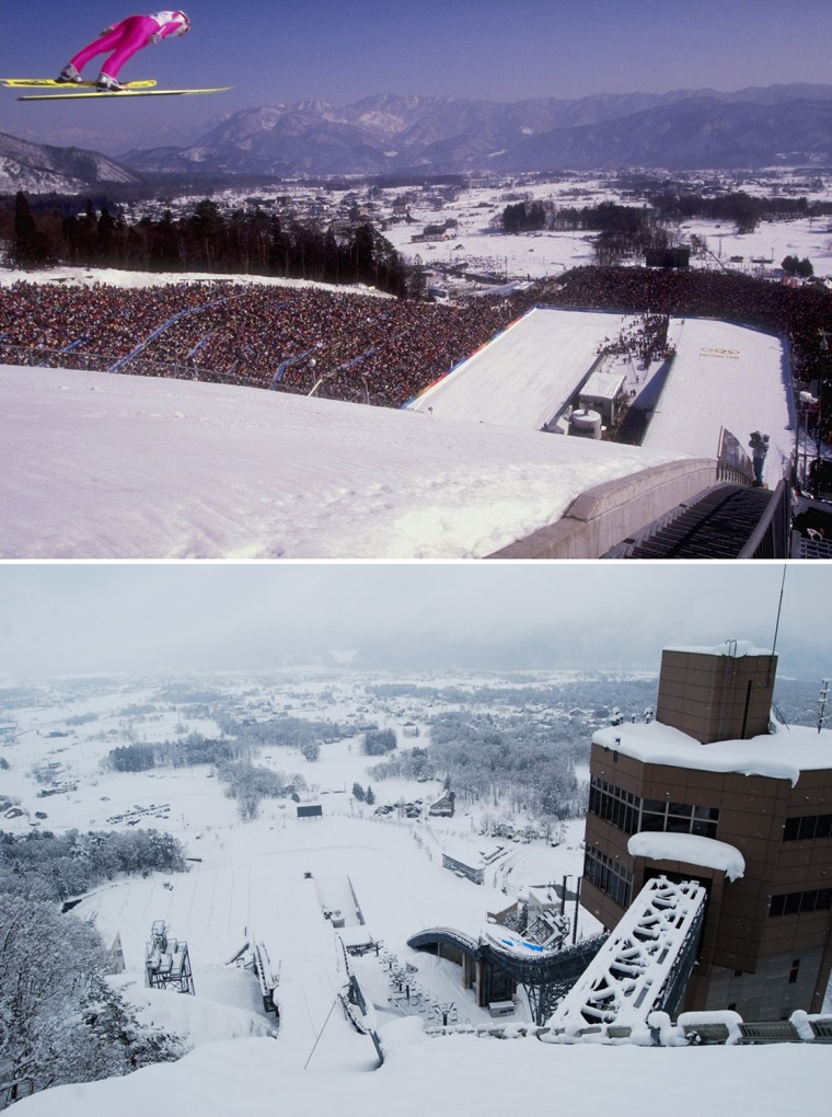 13 Feb 1998:  General view of the nordic combined ski jump event during the Winter Olympics in Nagano, Japan. Mandatory Credit: Jed Jacobsohn  /Allsport

View from the top of the Ski Jump at Hakuba.