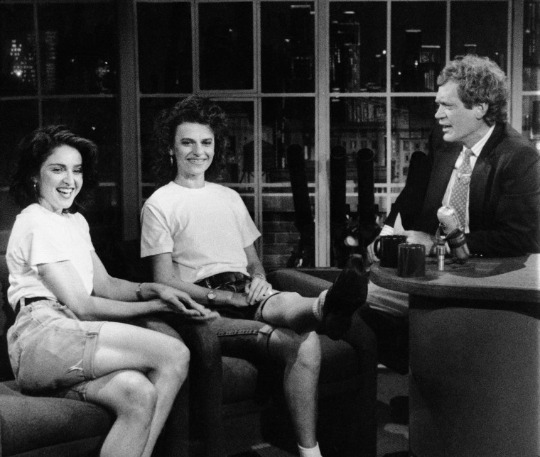 Superstar singer and now stage actress Madonna joined host David Letterman and comedian Sandra Bernhard for the taping of ?Late Night with David Letterman? in NBC Studios on Friday, July 1, 1988 in New York. Madonna?s first appearance on the show was a surprise addition to the celebration of the series? 1,000th taping. (AP Photo/NBC)