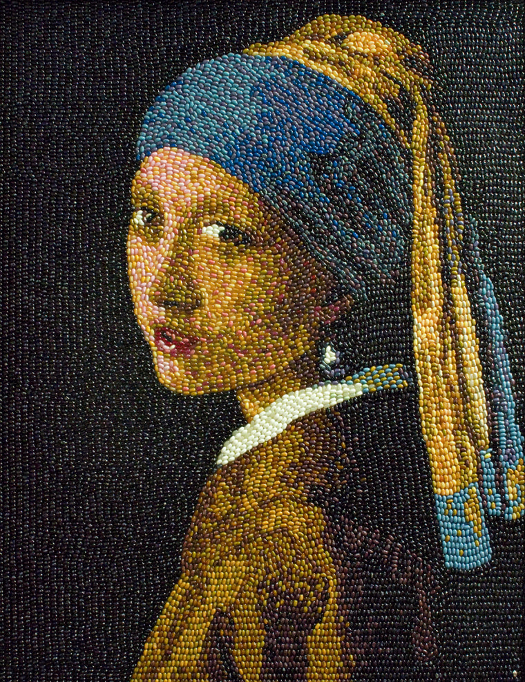 Known as \"The Mona Lisa of the North,\" Jelly Belly commissioned a recreation of Johannes Vermeer's masterwork, Girl with a Pearl Earring, made completely from Jelly Belly jelly beans. The artwork's focal point, a dangling pearl earring, was created using three different flavors of Jelly Belly beans to achieve the same effect as Vermeer's work.