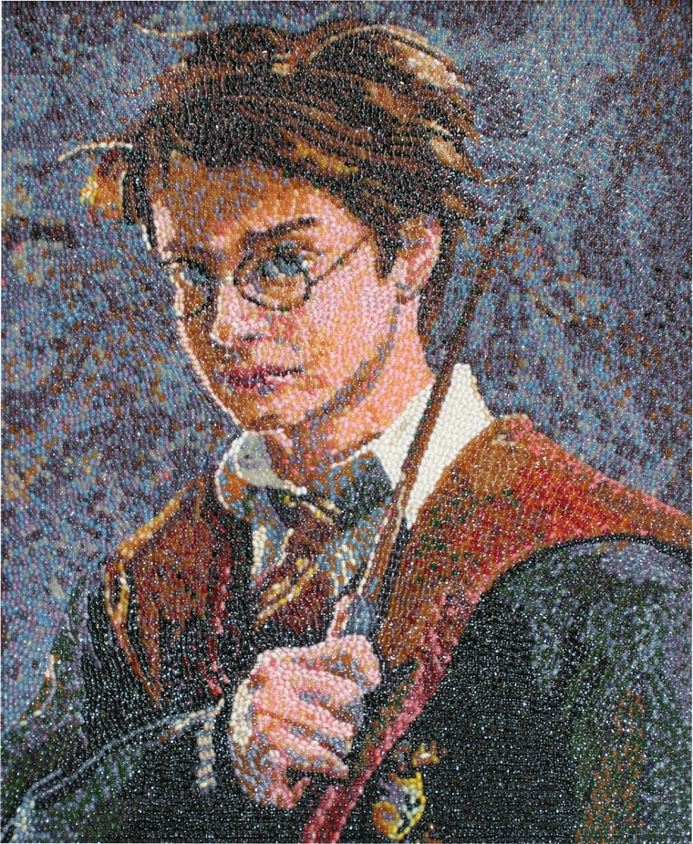 This portrait of Harry Potter used 11,000 Jelly Belly beans in honor of Bertie Bott's Every Flavour BeansÂ® Made by Jelly Belly. This fictional confection now brought to the Muggle-world includes original flavors such as Earwax, Booger and Dirt. The piece can be viewed at Jelly Belly Visitor Center in Fairfield, California.