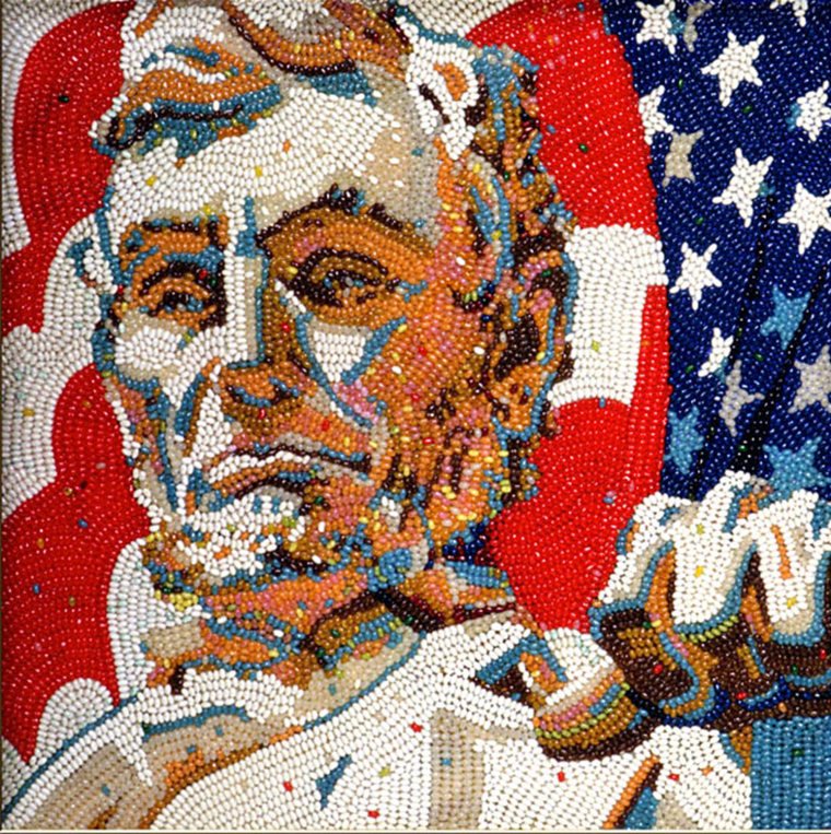 This portrait of the 16th US president, inspired by the Lincoln Memorial, was unveiled in the Illinois Governor's Office. The red, white and blue flag in the background is achieved with Very Cherry, Coconut and Blueberry Jelly Belly jelly beans.