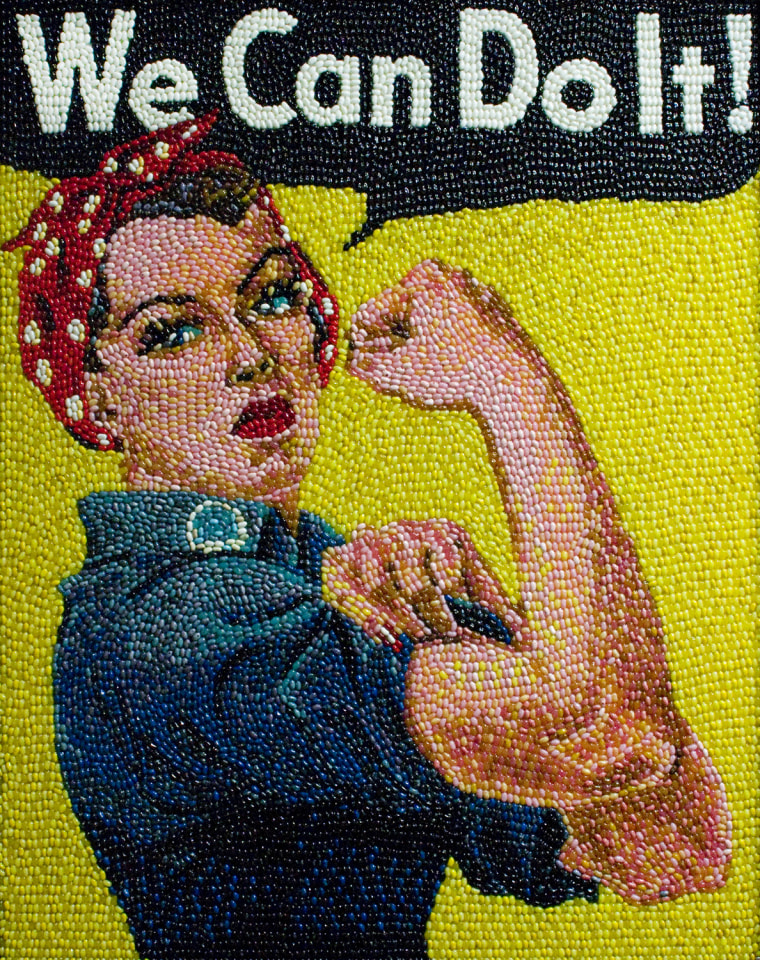 In celebration of the American spirit and the vital role women played in World War II, Jelly Belly recreated a wartime poster that has become an icon for the work of American women who streamed into factories to build the war machines.