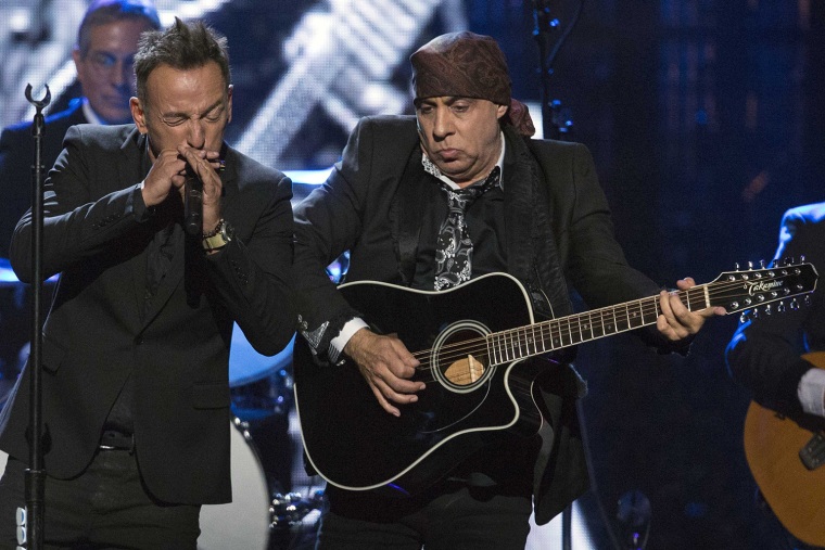 Image: Musician Van Zandt of E Street Band performs with musician and singer-songwriter Springsteen after band was inducted by Springsteen during 29th annual Rock and Roll Hall of Fame Induction Ceremony in Brooklyn, New York