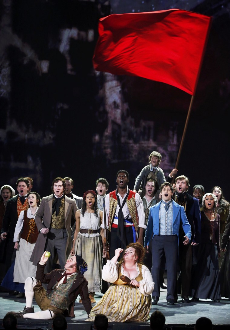 Image: The cast of Les Miserables performs during the American Theatre Wing's 68th annual Tony Awards at Radio City Music Hall in New York