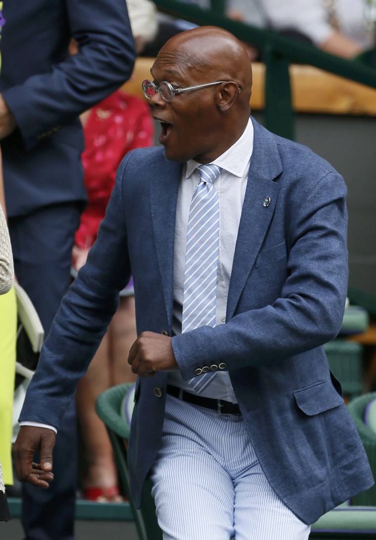 Image: Actor Samuel L Jackson arrives on Centre Court at the Wimbledon Tennis Championships, in London