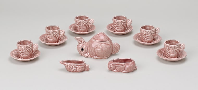 A pink tea set in the shape of a rabbit belonging to Princess Elizabeth