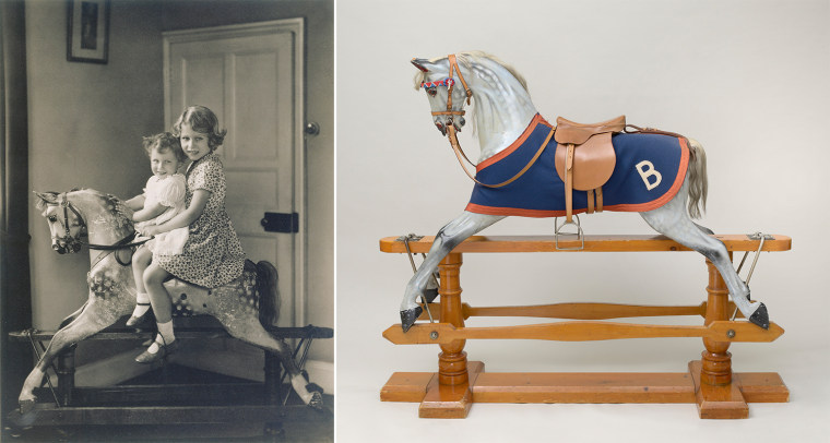 Princess Elizabeth and Princess Margaret on a rocking horse in 1932; Rocking horse that Princess Elizabeth and Princess Margaret played with