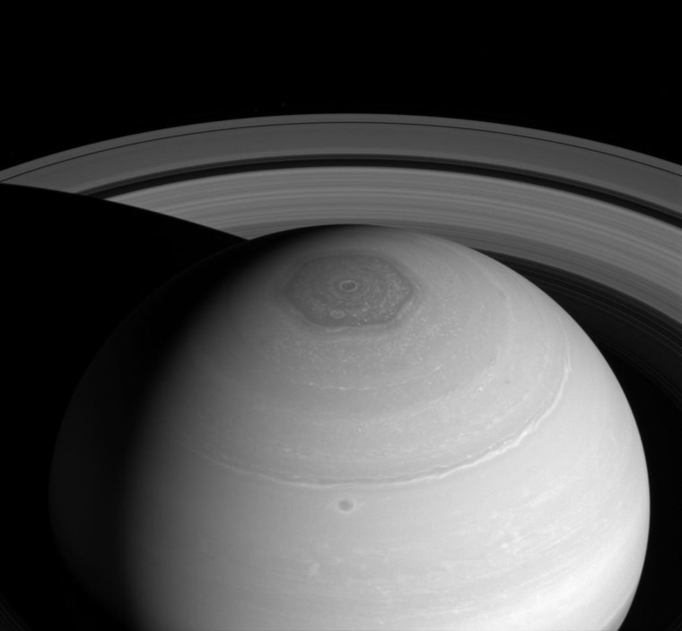 Image: Saturn's north polar vortex and hexagon along with its expansive rings