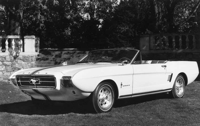 The Mustang II, seen here Jan. 2, 1964, is expected to go into production next year as the Ford Thunderbolt. Note the pointed front fenders and headlamp coverings faired into nose of car. (AP Photo)