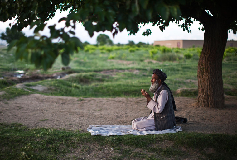 Image:  Afghan man prays under a tree outside Kabul