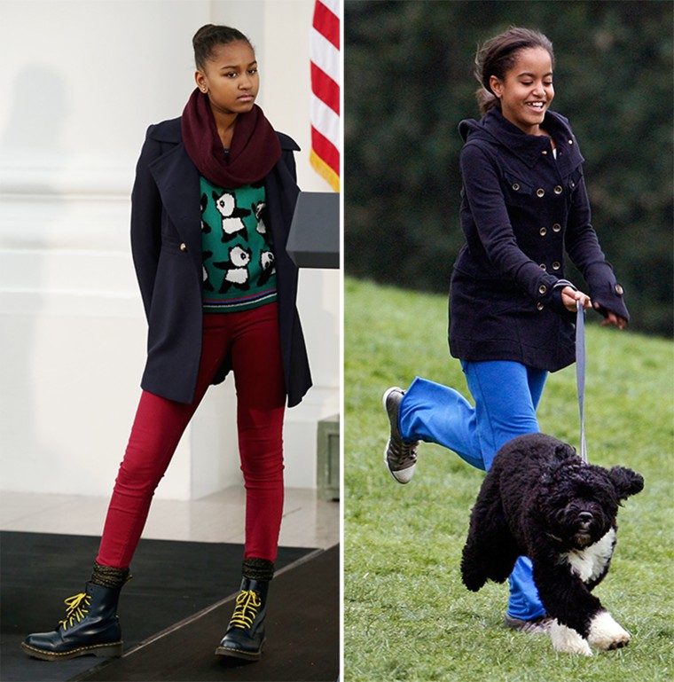 Left: WASHINGTON, DC - NOVEMBER 27:  Sasha Obama, 12, participates in the pardoning the 2013 National Thanksgiving Turkey, \"Popcorn\" with her father U.S. President Barack Obama on the North Portico of the White House November 27, 2013 in Washington, DC. A 38-pound, full-grown Broad Breasted White domesticated turkey, \"Popcorn\" and its alternate \"Caramel\" will be sent to live at Mount Vernon, the estate and home of George Washington.  (Photo by Chip Somodevilla/Getty Images)

Right: FILE -- In this April 14, 2009 file photo, Malia Obama runs with Bo, a 6-month-old Portuguese water dog, on the South Lawn of the White House in Washington. (AP Photo/Ron Edmonds)