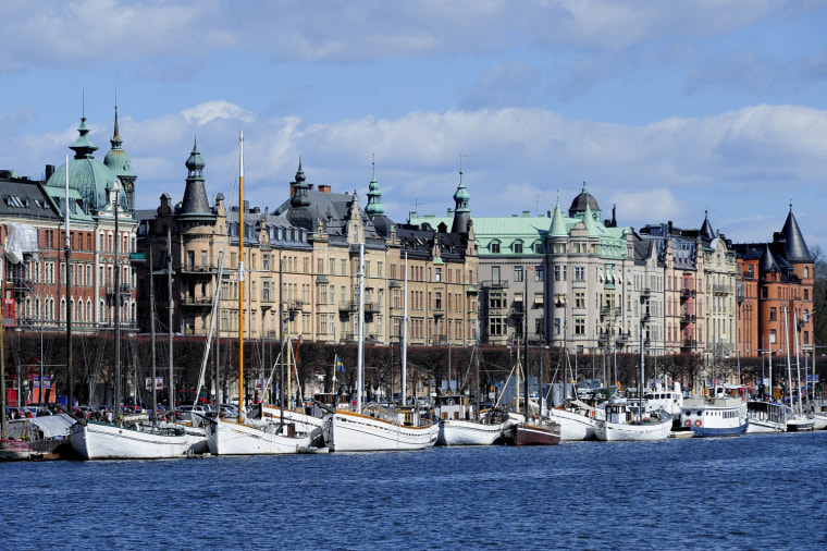 Boats line up on Stockholm's shoreline o