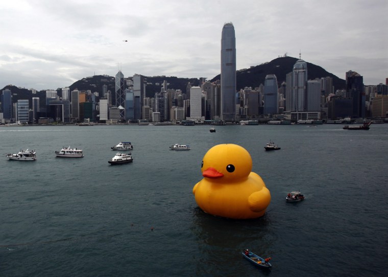 Image: Rubber Duck by Dutch artist Hofman floats at Hong Kong's Victoria Harbour