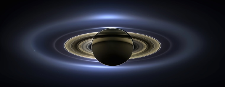 Image: A natural-color image of Saturn from space, the first in which Saturn, its moons and rings, and Earth, Venus and Mars, all are visible