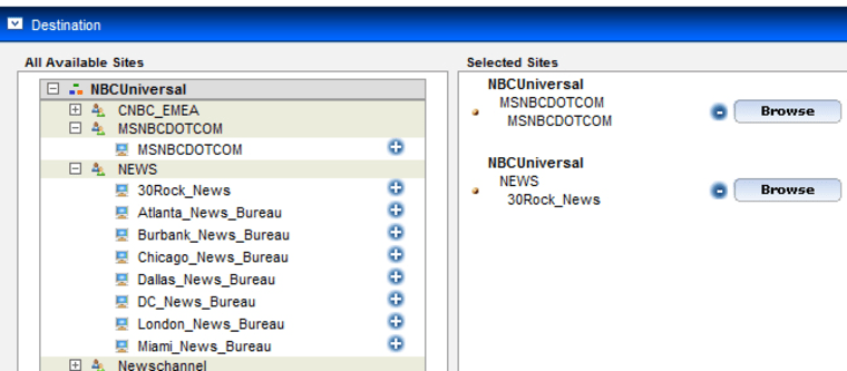 An MCDS Field Upload window configured to deliver file(s) to both the MSNBCDOTCOM and 30Rock_News destinations.