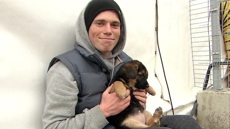 Gus Kenworthy with a stray puppy in Sochi, Russia.