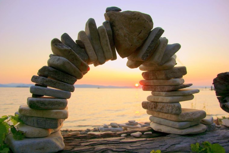 A rock-stacking art park along the shores of Lake Champlain in Burlington, Vermont.