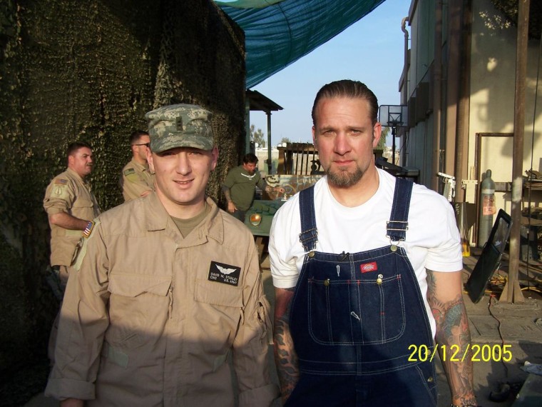 David m. Stanley pictured with jessie james of west coast choppers hortly after flying him for the Iraq tv special episode of monster garage.