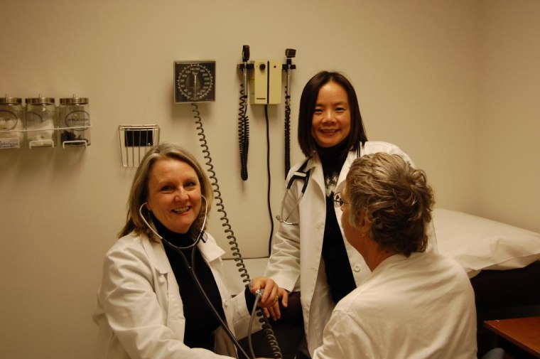 Here is a picture of Dr Deborah Sampson (me-on the left)and Dr Annie Kao (on the right) with a 'resident' (actually my spouse)- at the Robert J. Delonis Center Health Clinic in Ann Arbor Michigan.