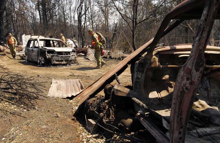 A photo taken on February 13, 2009 and released on February 14 by Australia Defence Force shows Joint Task Force 662 Search Task Group soldiers searching fire affected properties in the Marysville area, as part of the Australian Defence Force?s contribution to the continuing bushfire crisis in Victoria. More than 140 soldiers have arrived in the bushfire ravaged town of Marysville, as part of the Australian Defence Force?s commitment to assist Victorian Government agencies with the bushfire crisis response. 85 members of the Search Task Force travelled from the Kinglake area to undertake the search effort, working with Victoria Police. The search teams are conducting rapid infrastructure assessment of all properties in the Marysville area, with the information gathered then forwarded to the Victorian Government authorities to assist in state-wide damage assessment.