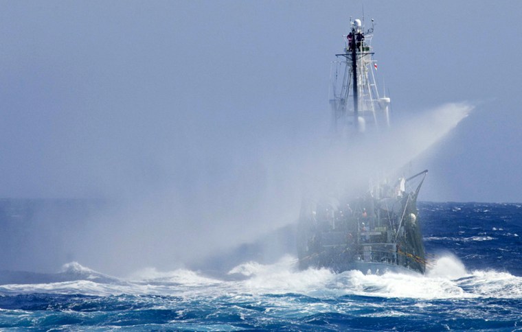 This handout photo released by the Sea Shepherd Society on December 16, 2009 and taken on December 14 shows the Japanese harpoon vessel Shonan Maru No 2 on the run with water cannons blasting in the seas off Antarctica. Militant anti-whaling activists said they were dodging a Japanese surveillance ship in icebergs near Antarctica on December 16, 2009, following their first skirmish with whalers during the annual hunt. Paul Watson, who is leading a campaign to harass this season's hunt, said a ship loaded with Japanese security guards had been tailing his group since they left Western Australia on December 7.  When they attempted to approach the Shonan Maru No.2 from behind an iceberg on December 14, Watson said the Japanese opened fire with two water cannon and tailed them for two hours in a high-speed pursuit.   RESTRICTED TO EDITORIAL USE   NO THIRD PARTY ARCHIVES