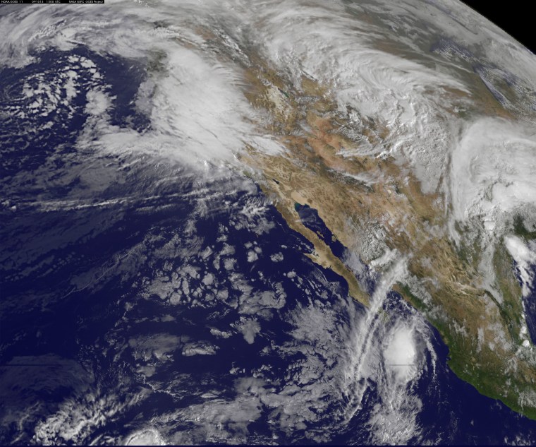 This satellite-based image shows shows Tropical Storm Patricia, bottom right, nearing Mexico's Baja California Peninsula.
