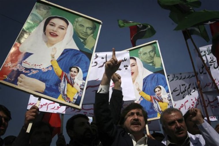 Supporters of Pakistan's President Asif Ali Zardari rally to support his decision regarding controversial appointments of judges, in Peshawar, Pakistan, Wednesday, Feb. 17, 2010. (AP Photo/Mohammad Sajjad)