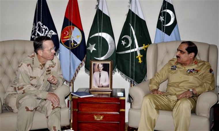 U.S. Chairman of the Joint Chiefs of Staff Adm. Mike Mullen, left, listens to Pakistan's Chairman Joint Chiefs of Staff Committee General Khalid Shameem Wynne during a meeting in Rawalpindi, Pakistan on Wednesday, April 20. Mullen is visiting Pakistan at a time of tensions over America's role in the region. 