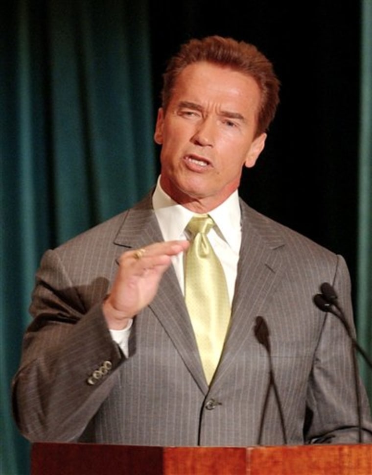 Gov. Arnold Schwarzenegger speaks in Los Angeles earlier this year. Since Schwarzenegger's election last October, Chevron has contributed more than $200,000 to his committees and $500,000 to the California Republican Party. 