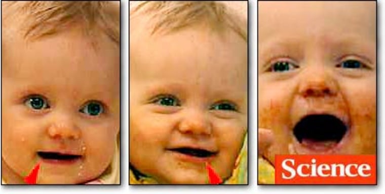 Researchers found that the mouths of babes open slightly wider on their right side when they babble (left photo), slightly wider on the left when they smile (middle photo) and are symmetrical when making sounds that aren't related to language (right photo).