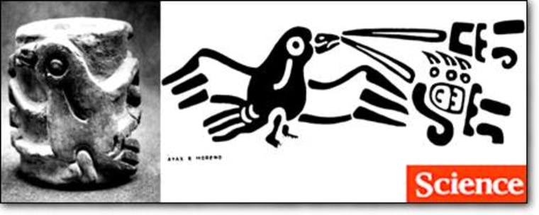 The photo at left shows a cylinder seal that was discovered at an Olmec site at San Andréas in Mexico. The image at right shows what would be printed when the seal is inked and rolled out. The bird appears to be "speaking" the markings at far right. Among the markings are symbols for kingship and a calendar date, and researchers say they probably represent the name of an Olmec king.