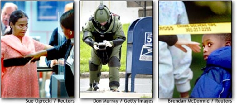 Americans got used to more security at the airport, left, and checked their mail more carefully. Everyone, especially in the Washington region during the sniper shootings, kept a more watchful eye on their children.