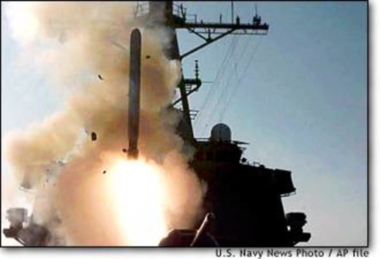A Tomahawk cruise missile is fired from an U.S. Navy destroyer during attacks on Iraq in December of 1998. Raytheon, the maker of the Tomahawk, has seen its stock suffer after reports the company was being investigated by the Securities and Exchange Commision.
