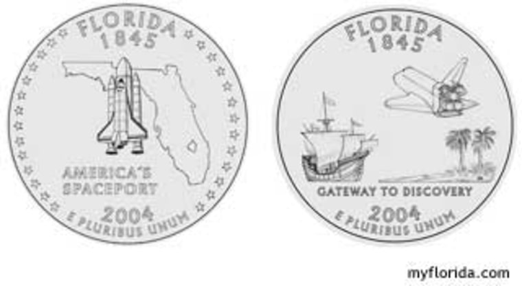 Two suggested designs for Florida's commemorative quarter included an image of the space shuttle. Online voters selected the design at far right.