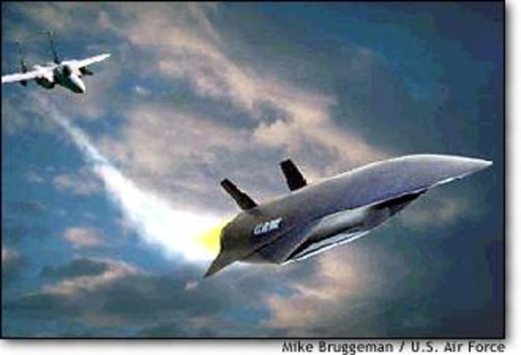 An artist's conception shows a hypersonic cruise vehicle flying away from a warplane.