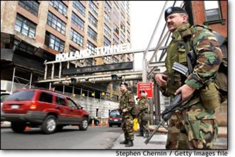 National Guard troops on the Manhattan side of the Holland Tunnel in March. The tunnel connects New York City and New Jersey.