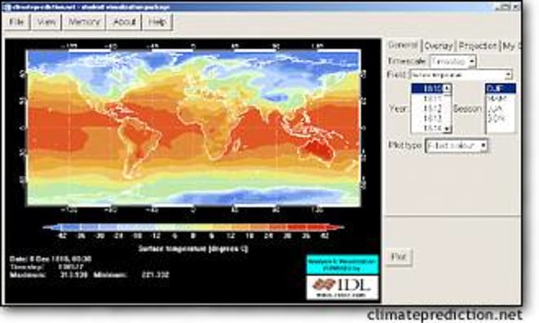 A screenshot shows a test version of the future graphical interface for ClimatePrediction.net's program. A basic version of the simulation software is available from the project Web site.