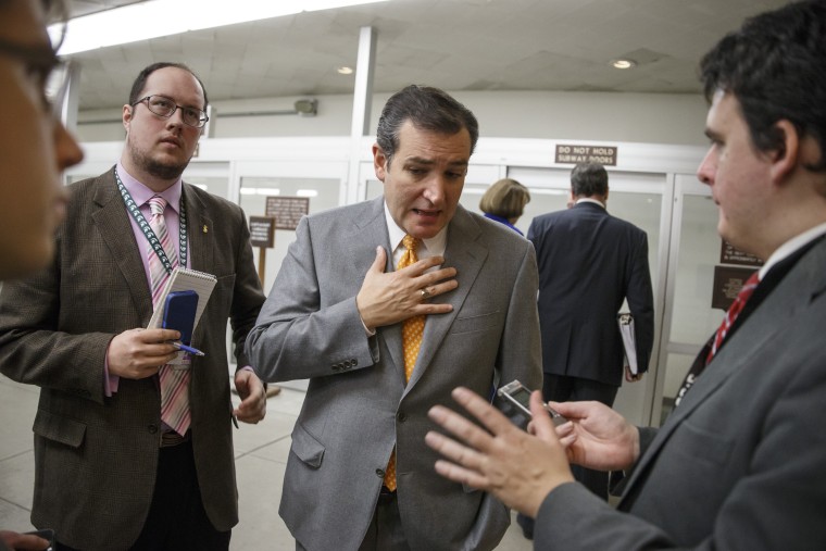 Sen. Ted Cruz, R-Texas speaks with reporters on Capitol Hill in Washington, Tuesday, Dec. 17, 2013.