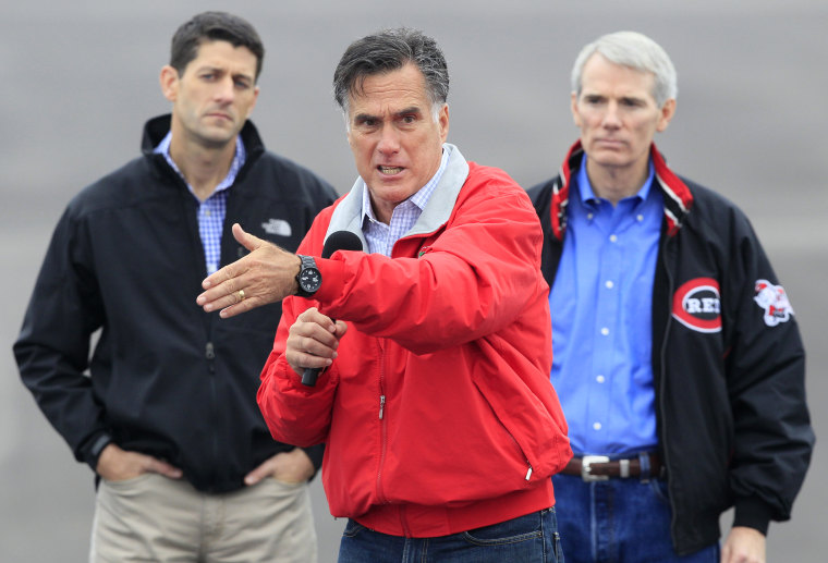 Republican presidential candidate Mitt Romney speaks during a campaign rally with his running mate Rep. Paul Ryan and campaign surrogate Sen. Rob Portman. (Photo: AP/Al Behrman)