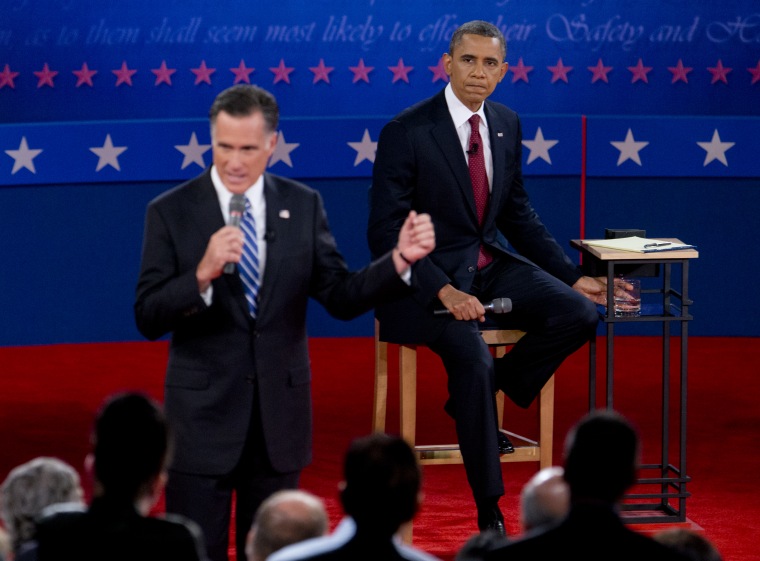 President Barack Obama and Republican presidential candidate, former Massachusetts Gov. Mitt Romney, participate in the presidential debate on Tuesday, Oct. 16, 2012, at Hofstra University in Hempstead, N.Y. (AP Photo/Carolyn Kaster)